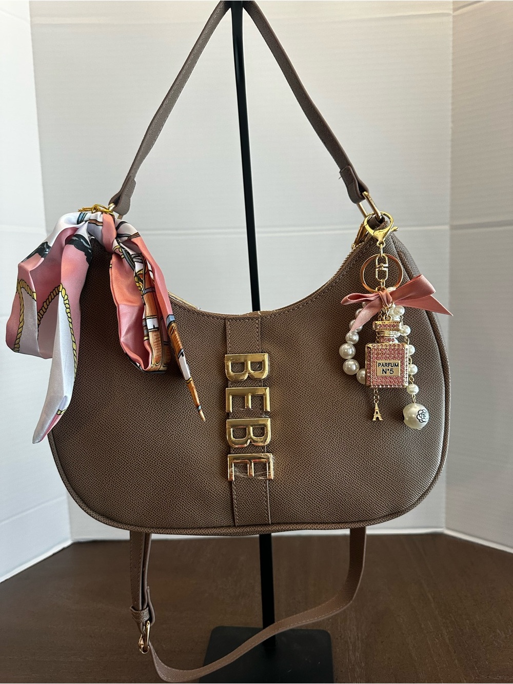 Bebe Women's Taupe Hobo Bag w/bag charms BNWT
